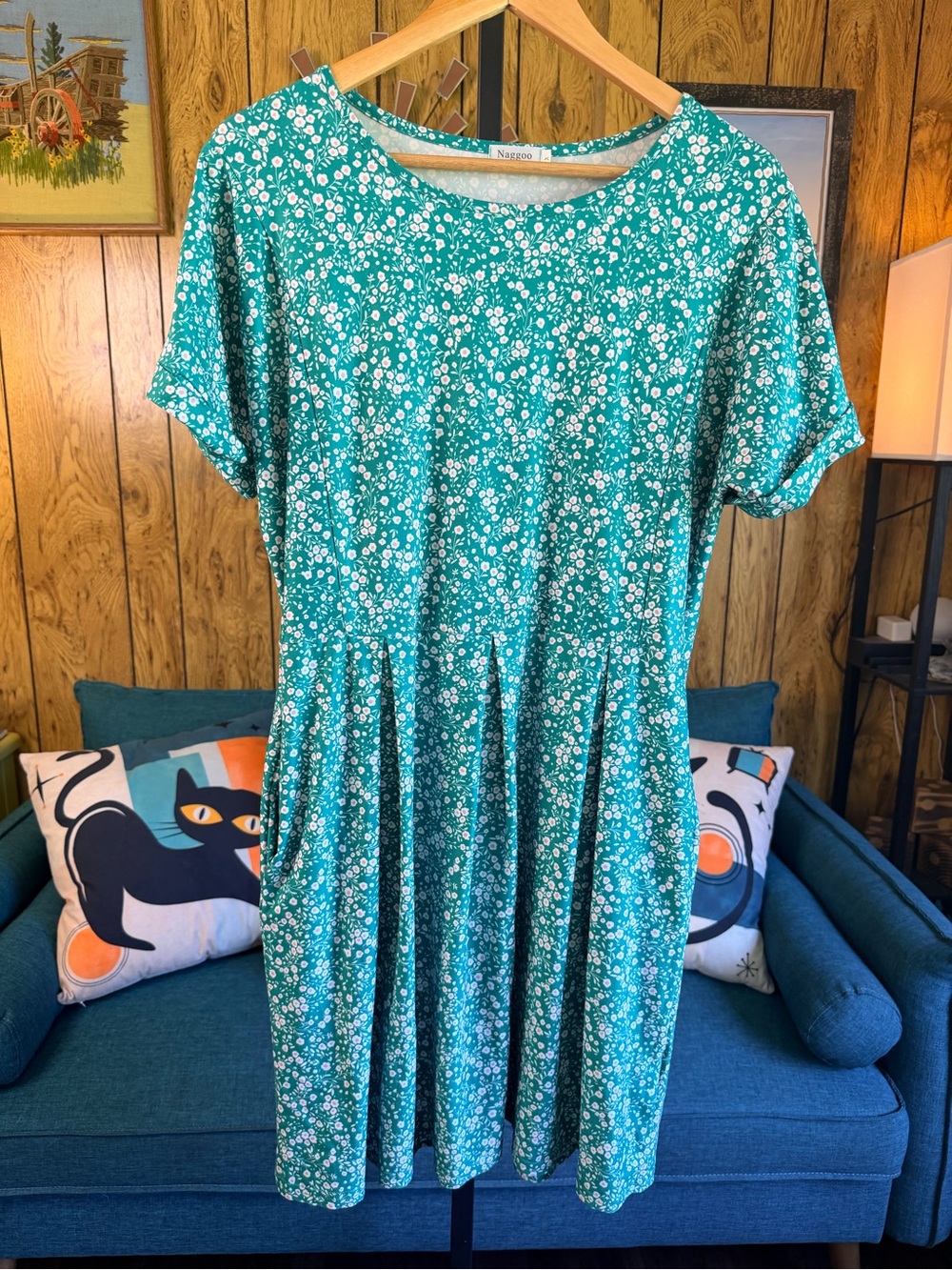 Naggoo Teal & Pink Ditsy Floral Soft & Stretchy Dress with Pockets